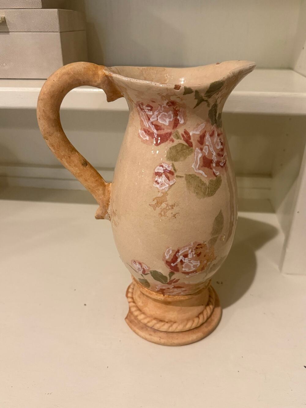 Vintage Tuscan Style Hand Painted Floral Pitcher Vase Rustic French As-Is